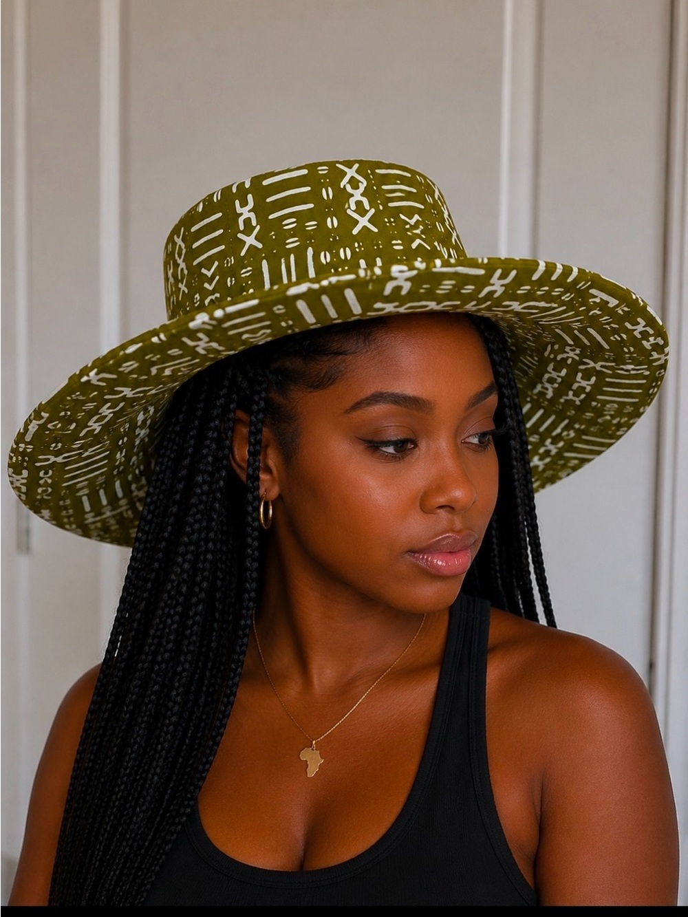 Handmade Olive Ankara wax Patterned Wide-Brim Women's Sun Hat